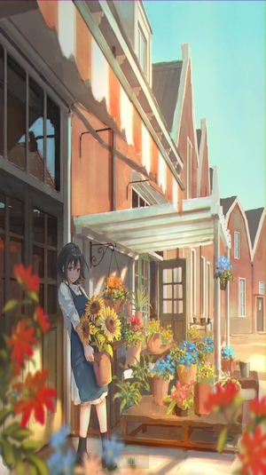 Anime girl with sunflowers in front of a flower shop