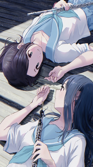 Anime girls with musical instruments lying down
