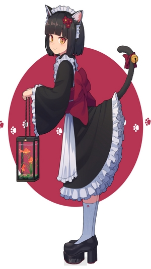 Anime cat girl maid holding a fish tank