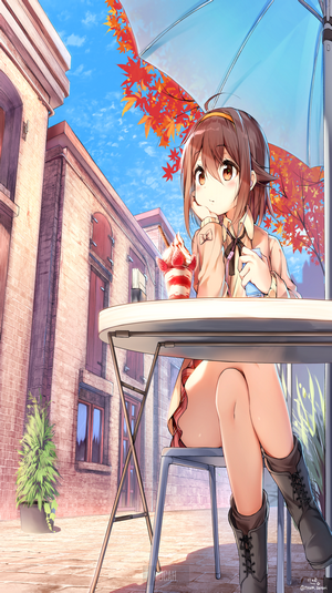 Anime girl with brown hair and eyes at a cafe