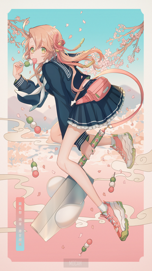 Anime girl in school uniform eating dango with cherry blossoms