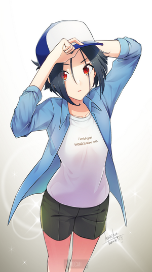 Anime girl with red eyes and black hair wearing a cap