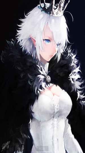 Anime girl with white hair, blue eyes, and crown
