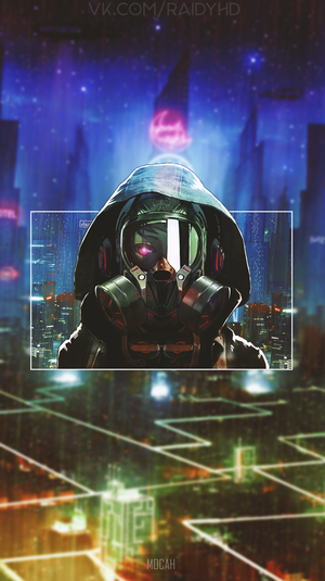 Anime girl in gas mask in cyberpunk city