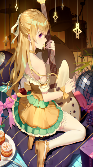 Anime girl with blonde hair and purple eyes holding a bass guitar