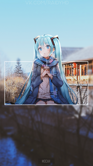 Hatsune Miku holding a coffee cup in winter