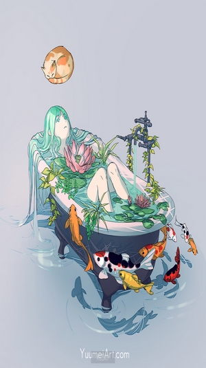 Anime girl in bathtub with koi fish and lotus flowers