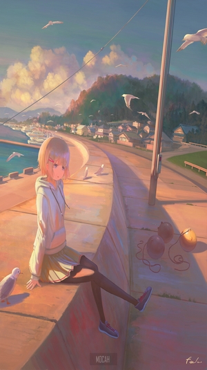 Anime girl with short blonde hair sitting by the sea with birds