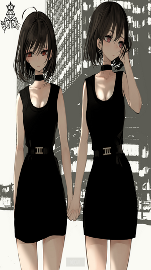 Two anime girls in black dresses holding hands
