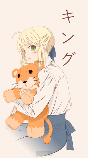 Saber from Fate/Stay Night holding a stuffed animal