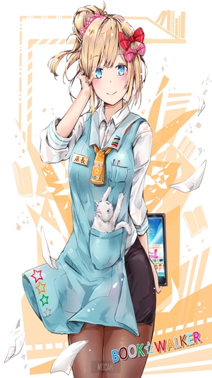 Anime girl with blonde hair and blue eyes holding a cat