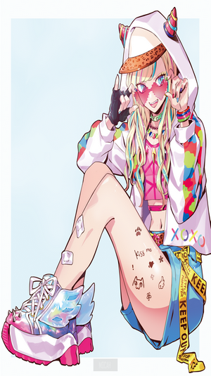 Anime girl with colorful hair and fashion