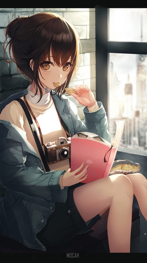 Anime Girl Reading with Camera by Window