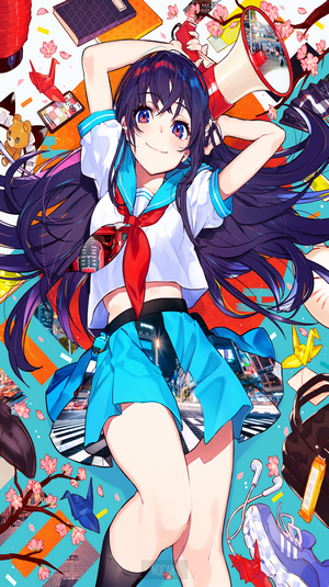 Anime girl with black hair and blue skirt holding megaphone