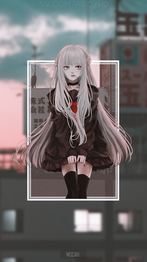 Anime girl with long white hair and red ribbon