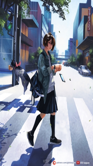 Anime girl with cat walking on a crosswalk in a city