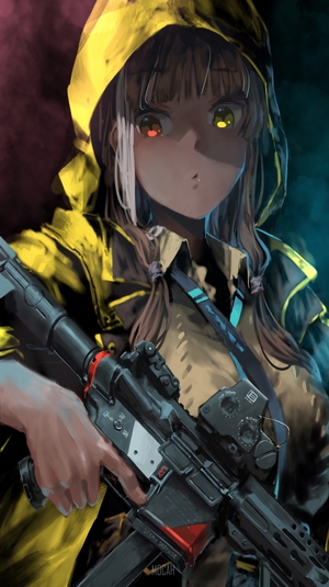 Anime girl with heterochromia holding a rifle