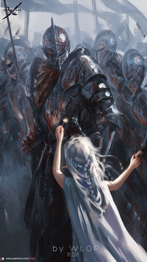 White-Haired Girl Facing Armored Knights