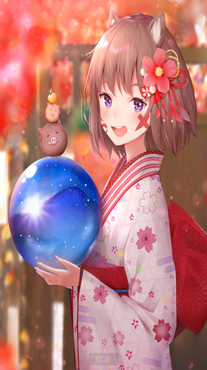 Anime girl in kimono holding a galaxy orb with pig figures