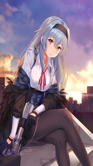 Anime girl with blue hair and red eyes holding a gun