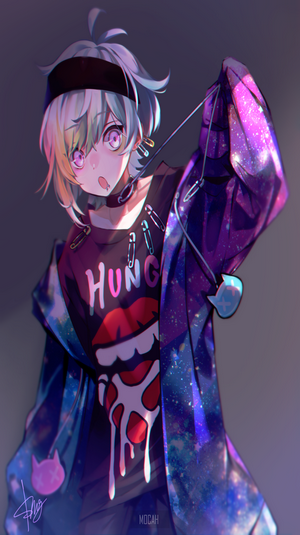 Anime character with colorful hair and galaxy jacket