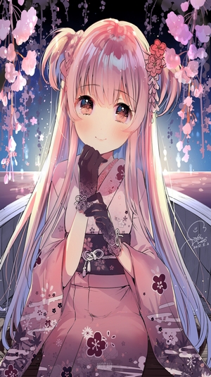 anime, anime girl, boat, original character, kimono, flowers, flower in ...