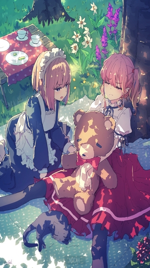 Two anime girls having a picnic with a teddy bear and a cat