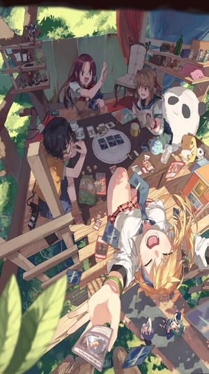 Anime girls playing cards in a treehouse