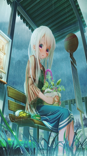 Anime Girl with White Hair Sitting in Rain