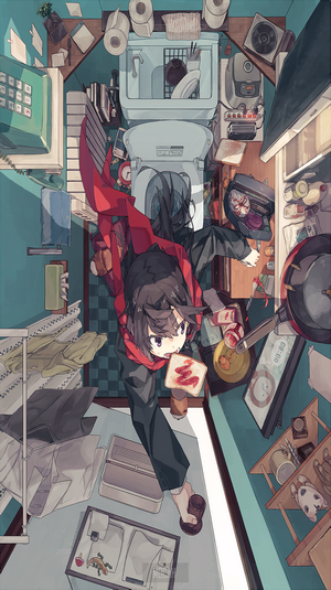 Anime girl with dark hair making toast in a messy room