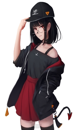 Anime Girl with Black Hair and Red Eyes in Casual Outfit