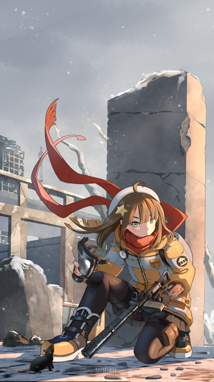 Anime girl with rifle in post-apocalyptic city