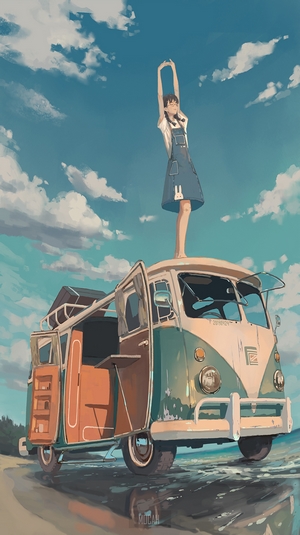 Anime Girl Standing on VW Kombi Under Blue Sky