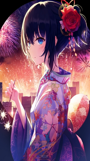Anime girl in kimono with fireworks background