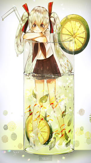 Anime girl in a glass of lemonade with fish