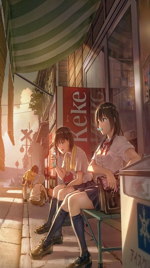 Anime girls in school uniforms at sunset