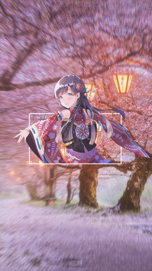 Anime girl in kimono with cherry blossoms