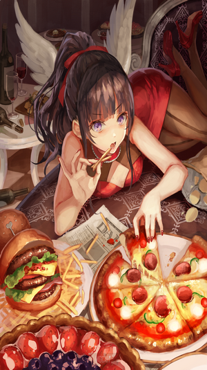 Anime girl with wings eating fast food