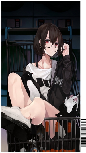 Anime girl with glasses in a shopping cart