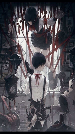 Anime girl suspended by red ribbons, boy with swords