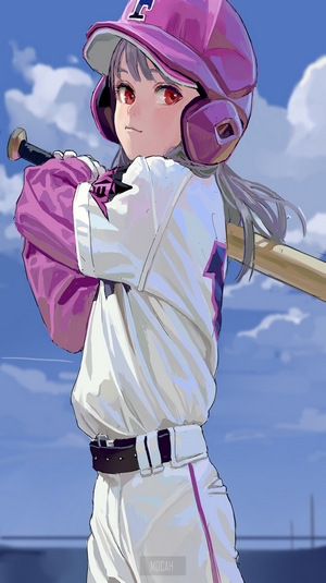 Anime Girl Ready to Bat in Baseball Uniform