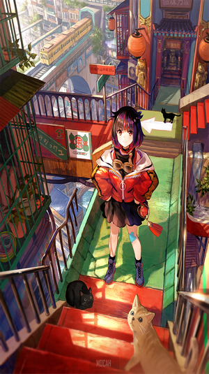 Anime Girl with Cats on Urban Stairs
