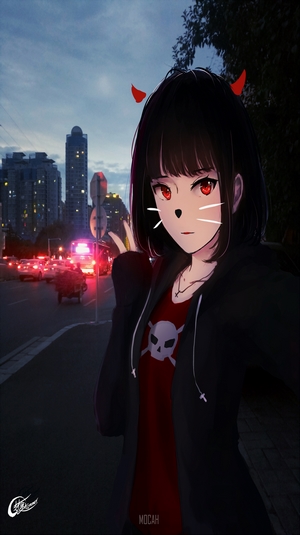 Anime girl with red eyes and devil horns in city at night