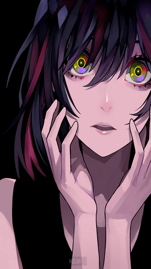 Anime girl with colorful eyes touching face