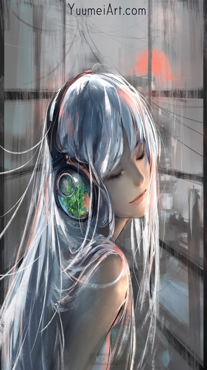 Serene Anime Girl with White Hair and Headphones