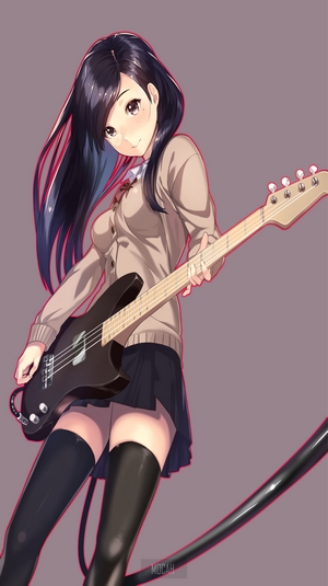 Anime girl with dark hair playing a bass guitar