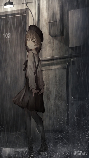 Anime girl in rain outside apartment building