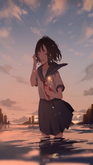 Anime girl in school uniform with sparkler at sunset