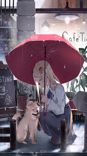 Abigail Williams from Fate/Grand Order with dog under umbrella in rain