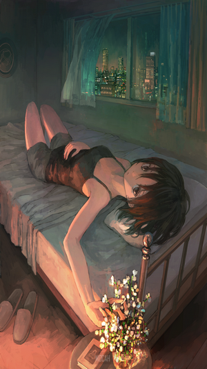 Anime Girl Resting in Bed with Night City View